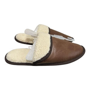 Joe Fresh Slippers Mens Size 9.5 Brown Faux Leather Shearling Mule House Shoes